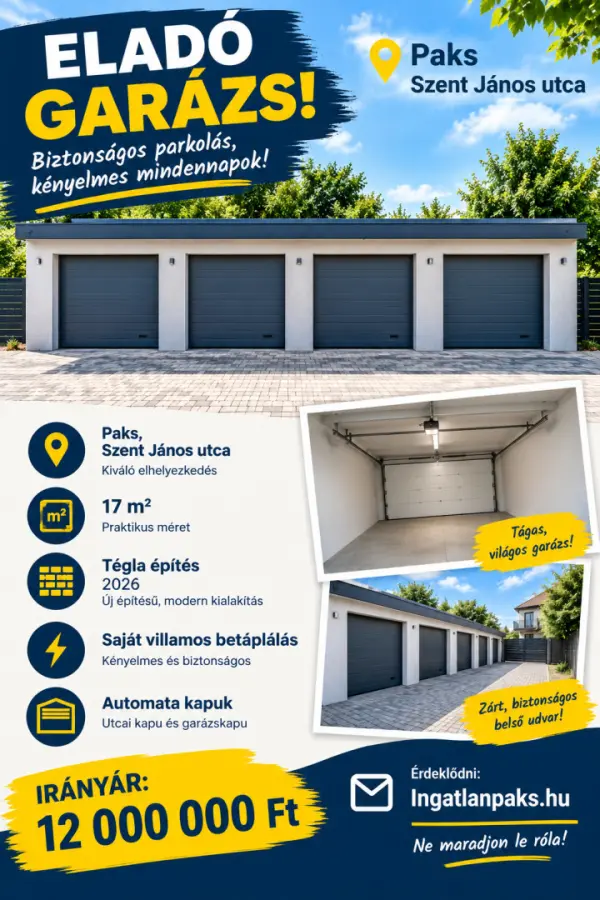 Eladó új építésű garázs, Paks 17 m² 12 M Ft